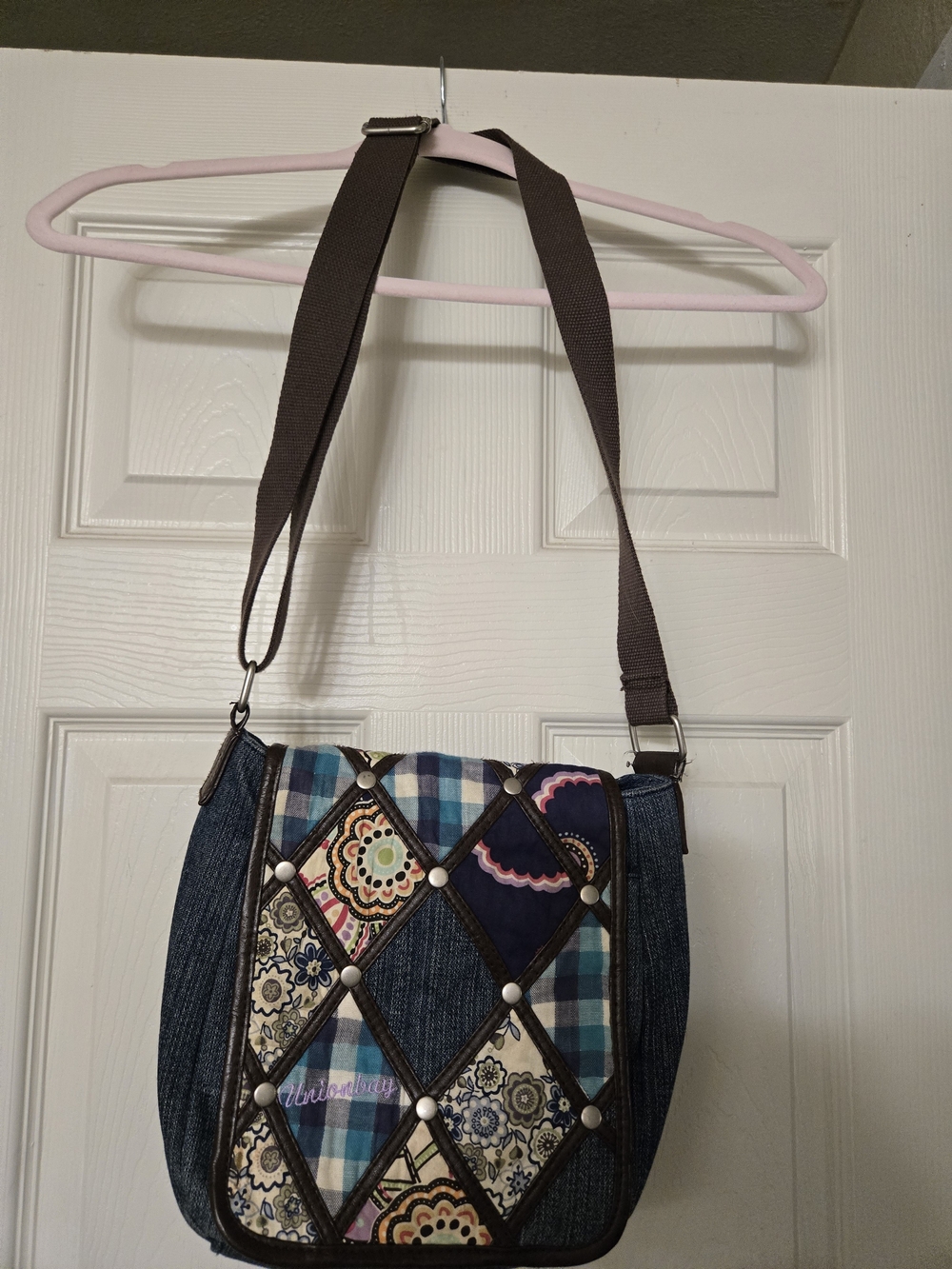 UnionBay Patchwork Plaid Crossbody Bag in Blue - Picture 1 of 8